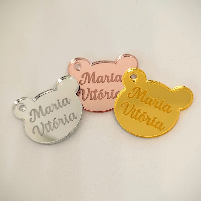 Kit 10 Medalhas tag formato URSO acrílico espelhado a partir de 2cm - Escrita Personalizada