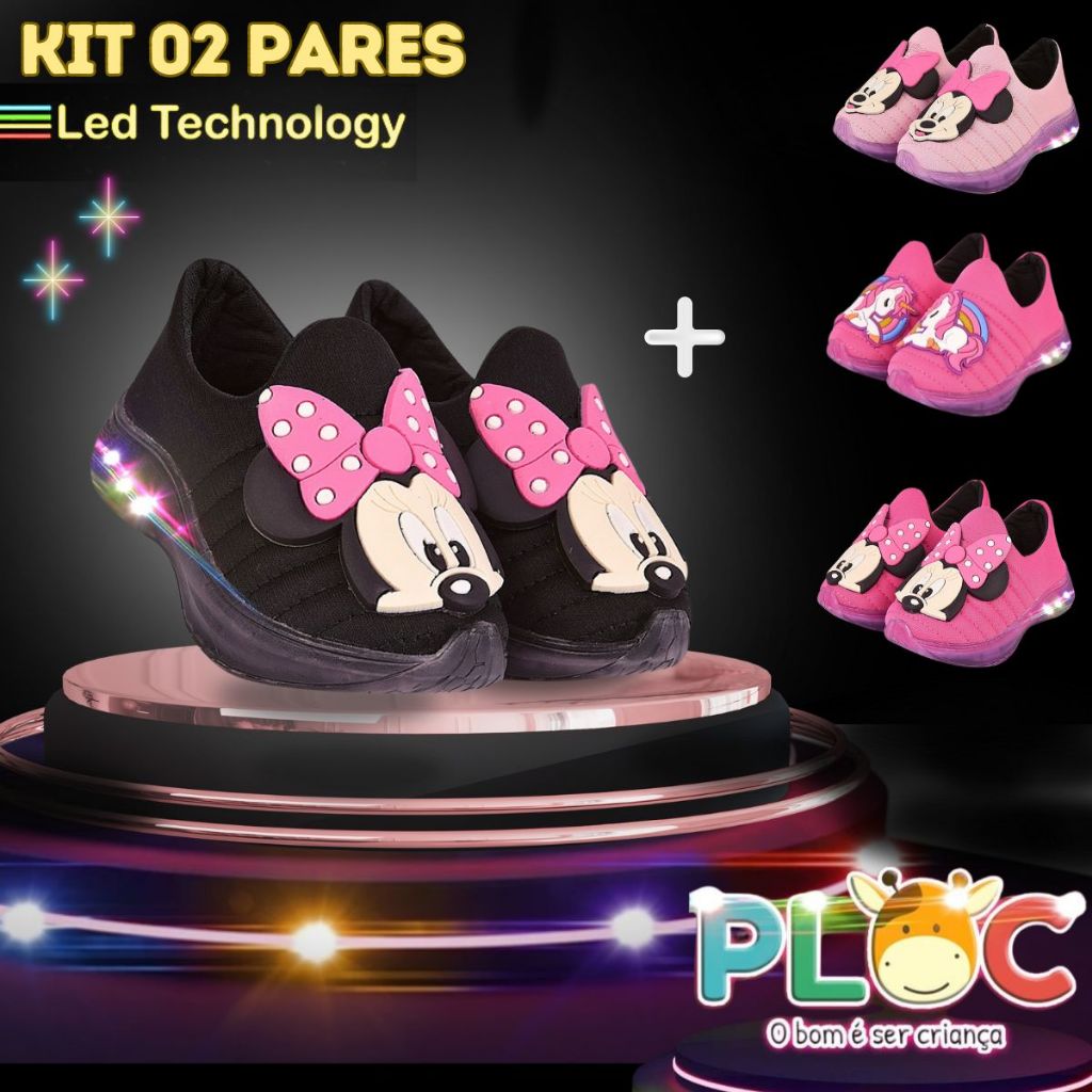 KIT 2 PARES DE TÊNIS LED INFANTIL MENINA (LED03 PRETO MINNIE + PAR ADICIONAL A SUA ESCOLHA)