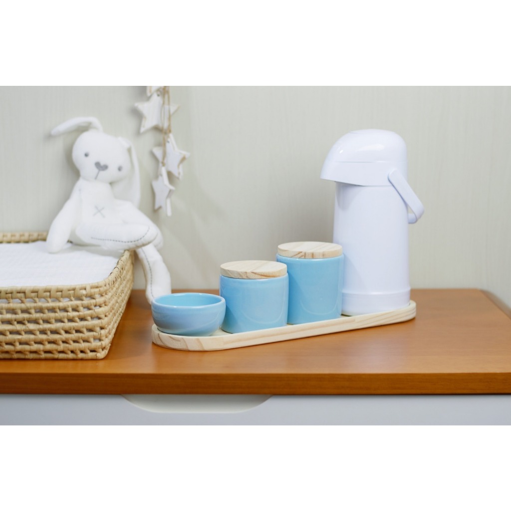 Kit Higiene Bebê Azul Menino Bandeja Térmica Maternidade Cômoda Banho Cuidados