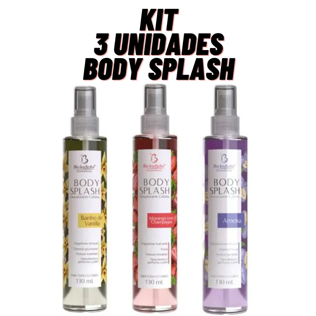 Kit Desodorante Colônia Body Splash Morango Chantilly, Vanilla e Ameixa Bio Instinto 130ml