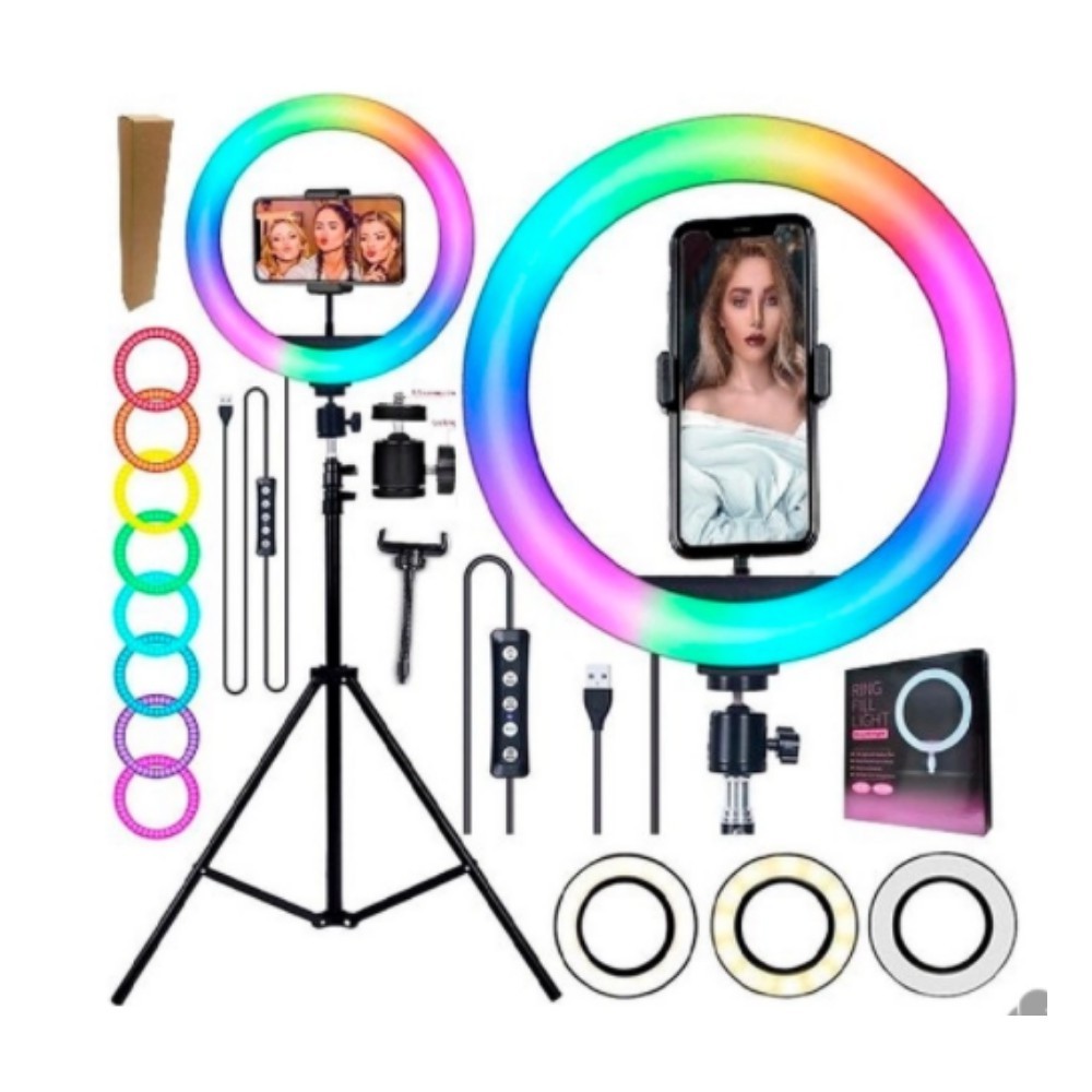 Iluminador Anel Luz 30cm 12 polegadas RGB Colorida LED 20W Suporte Iluminador Celular USB +Tripé