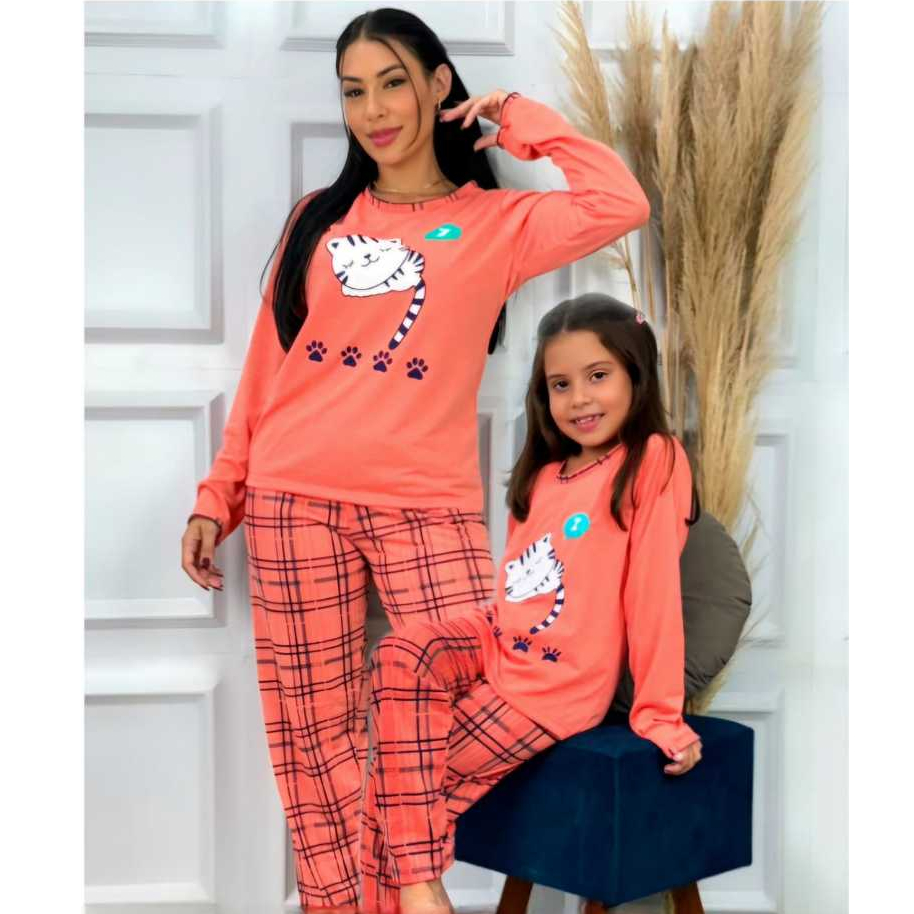 Kit c/2 Pijamas Mãe e Filha Gatinho FB Malha Premium Forrada Inverno Manga Longa Roupa de Dormir em Oferta na Shopee
