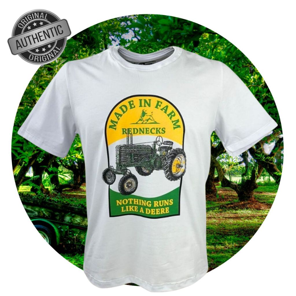 Camiseta Manga Curta Branca Masculina Made In Farm Básica Com Estampa De Trator Agro