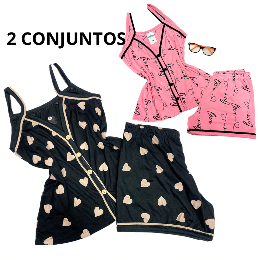 kit 2 Pijamas Feminino Alça Baby Doll Americano Com Botões que abrem Amamentação Blogueira...
