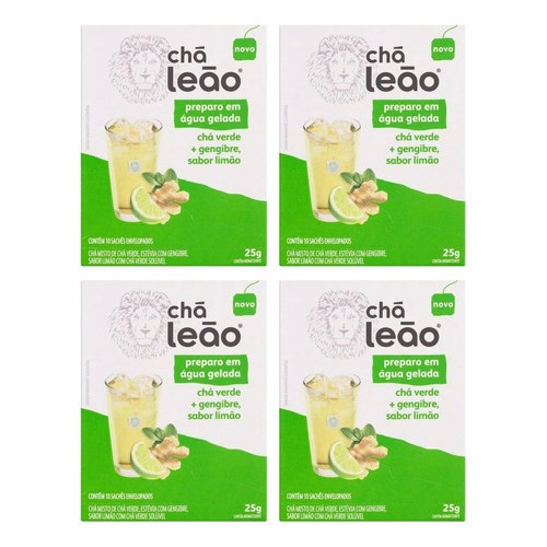 Combo Chá Leão Água Gelada Chá Verde e Gengibre, sabor Limão - 4 Caixas 40 Sachês