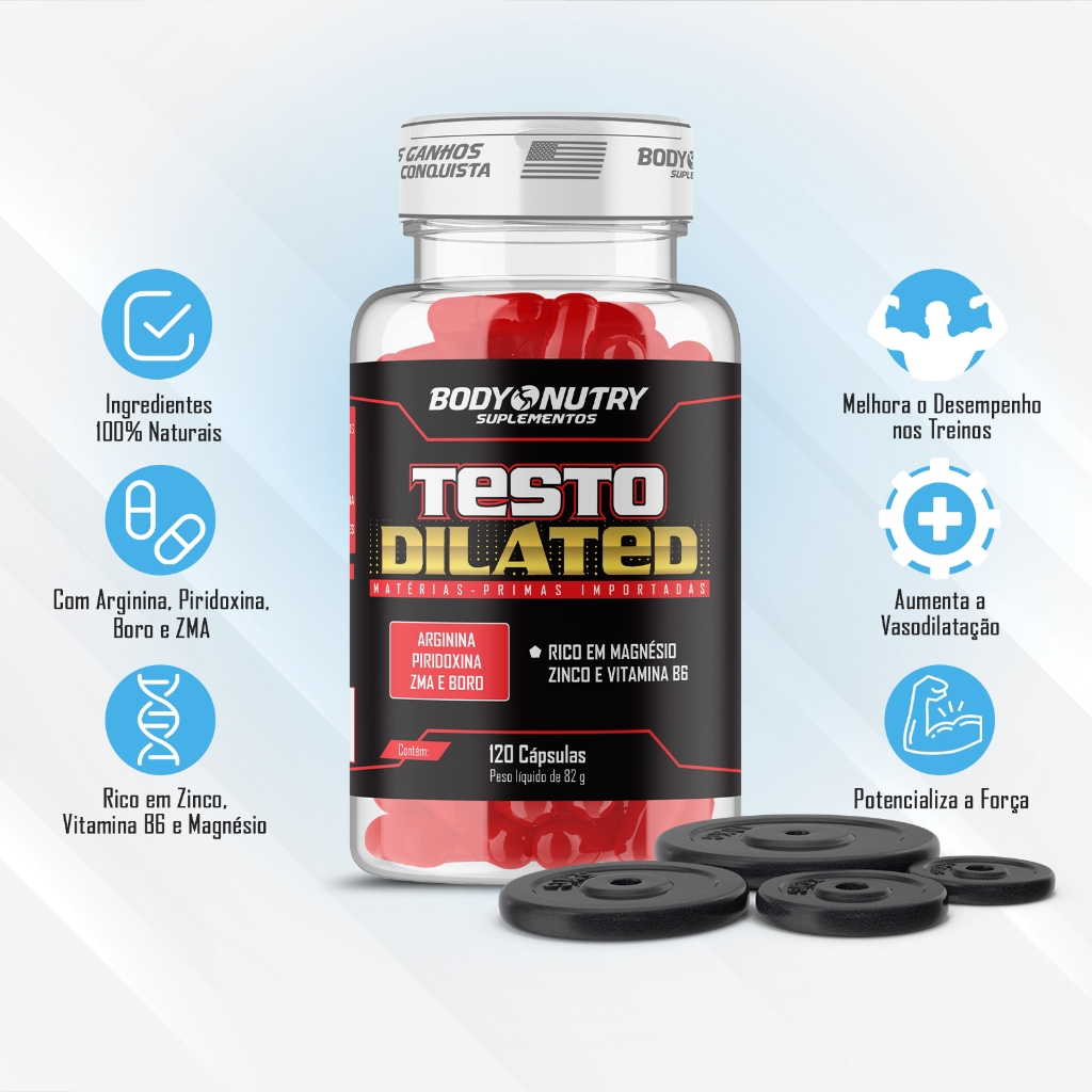 Detalhes do 3x Testo Dilated, Rico em Magnésio, Zinco e Vitamina B6- Pré hormonal + vasodilatador + ZMA, 60 cáps