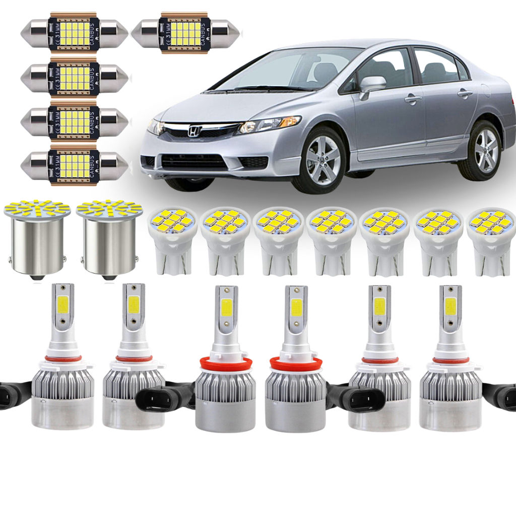 KIT Completo ( Farol Alto Baixo Milha Porta Luvas Porta Malas Placa Farolete Ré Teto Quebra Sol portas ) Honda Civic  2007 2008 2009 2010 2011 Lâmpada Super led ultra led BRANCA Luzes internas externas meia luz pingo pinguinho pingão dianteiro trazeiro