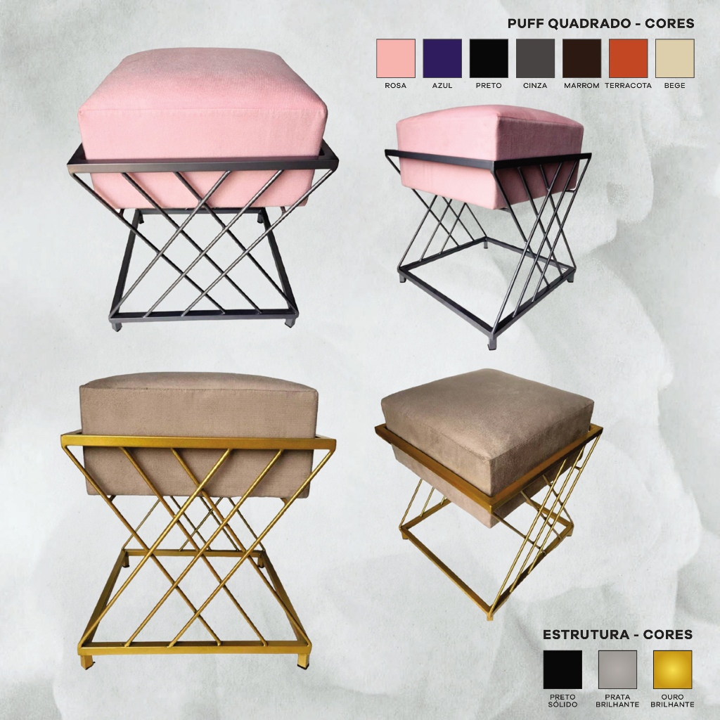 Puff Estoado De Ferro, Banqueta, Decoração, Desing Moderno Quadrado