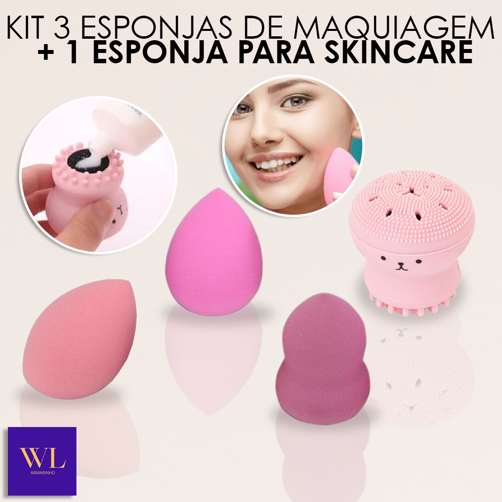 Kit 3 Esponjas Maquiagem Base Corretivo Contorno Gota 1 Esponjinha Polvo Silicone Limpeza Facial Rosa Esfoliante - WL