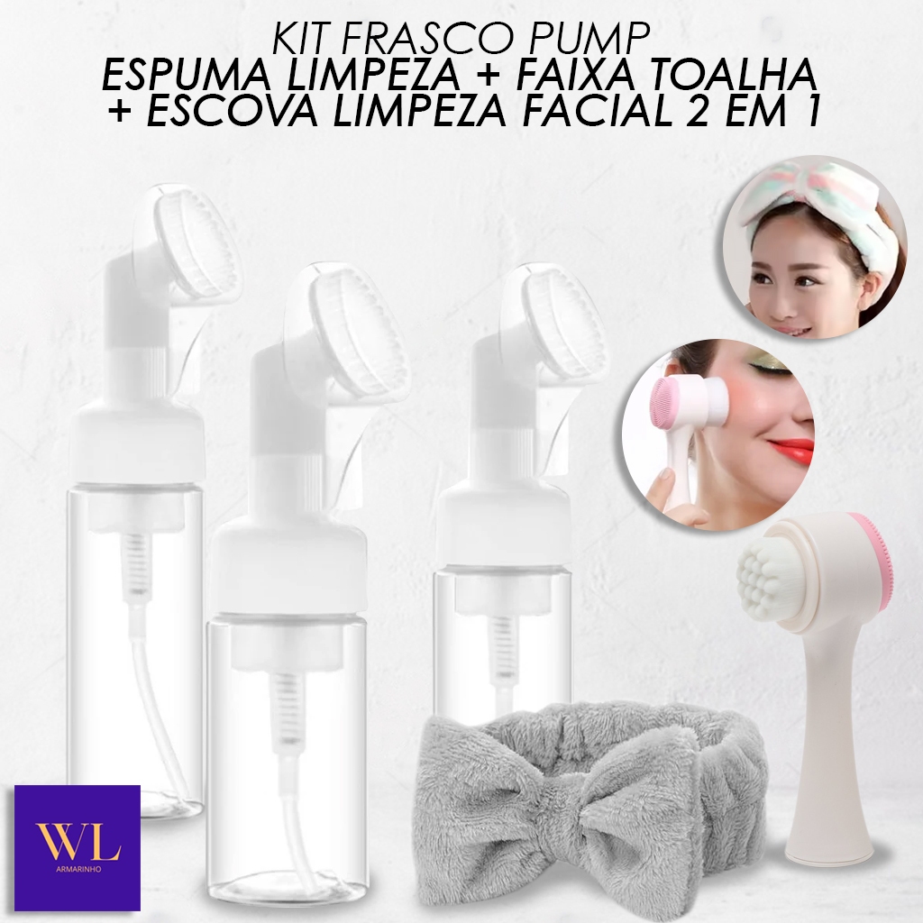 Kit 3 Peças Com Frasco Pump Espuma Limpeza Facial Skin Care Silicone + Faixa Toalha+ Escova Limpeza Facial 2 Em 1 - WL