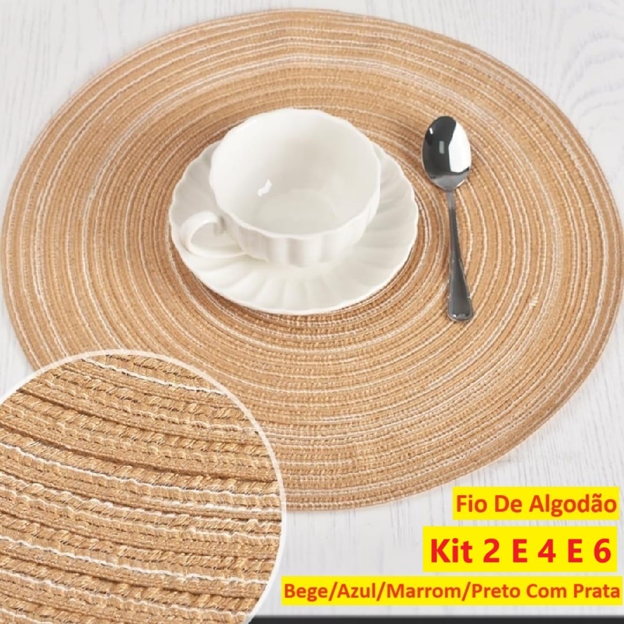 Jogo Americano Descanso Fio Algodão Redondo 38Cm kit 6 4 E 2Un Para Mesa De Jantar