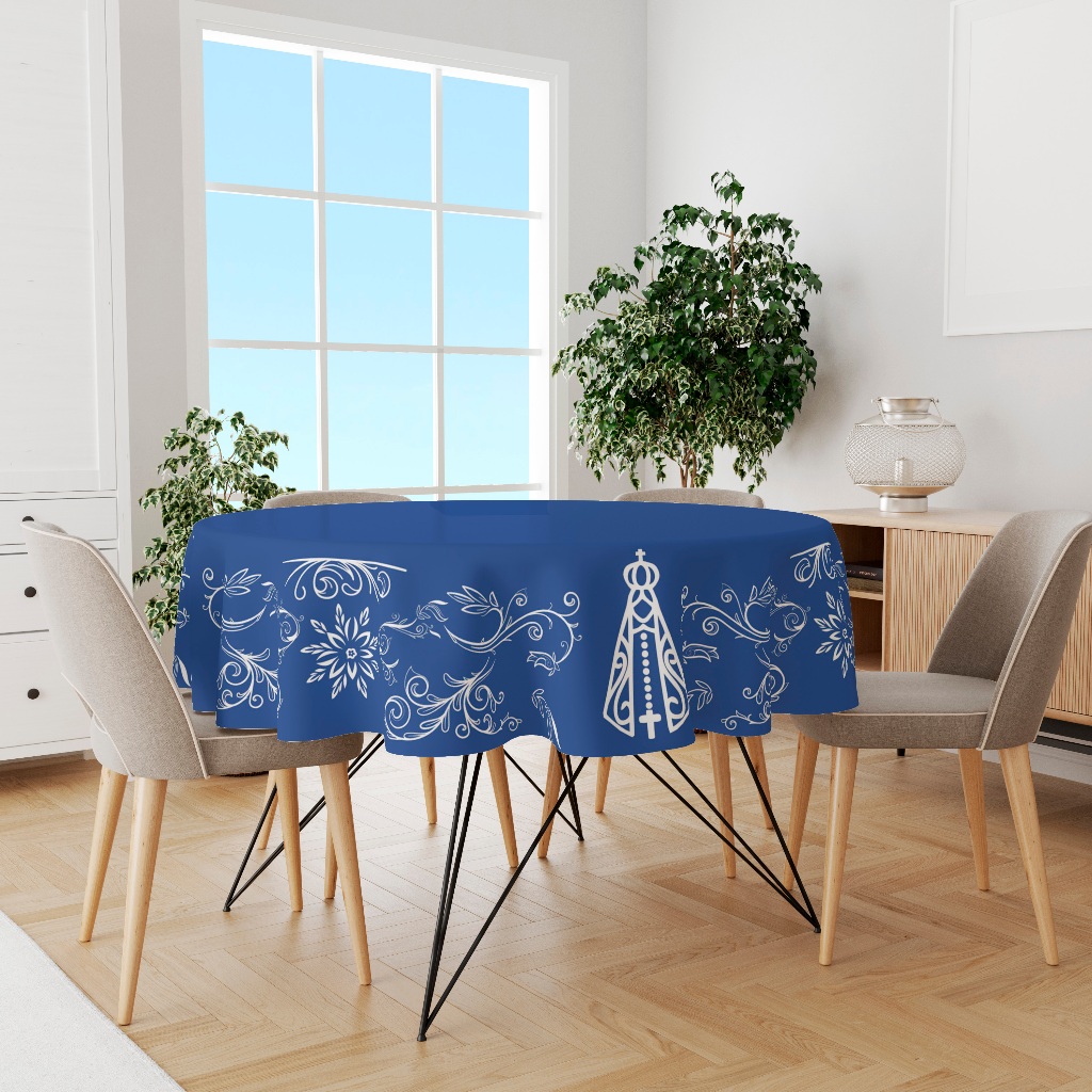 Toalha De Mesa Redonda Tecido Natal Decoração Nossa Senhora Aparecida Padroeira -140x140cm