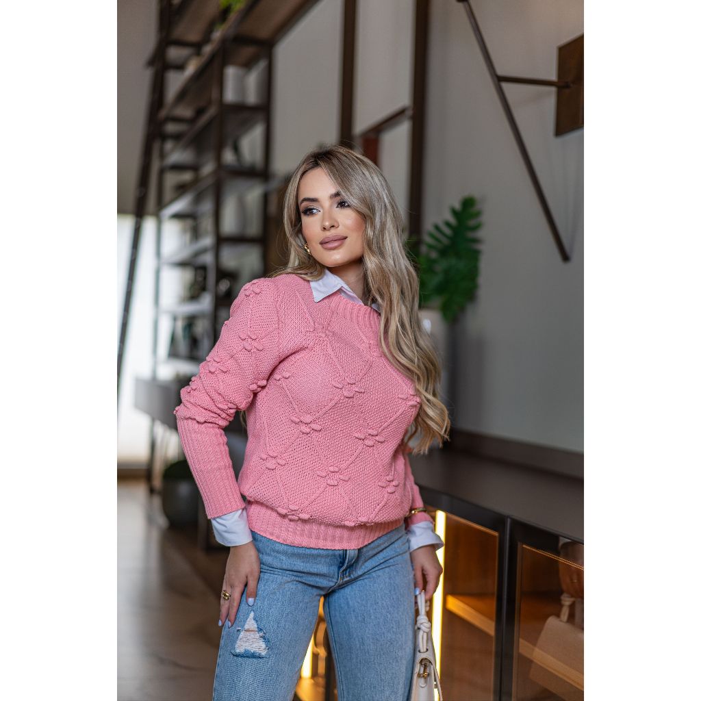 Use&Use Tricot Blusa de Frio Feminina Tricô Inverno Ponto Crochê Gola Canoa | Suéter de Lã Macia