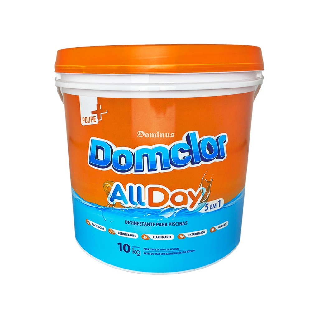 Balde de Cloro Para Piscina 10 Kg Domclor All Day 5 em 1 Granulado Tratamento Limpeza