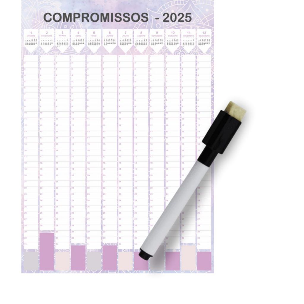 Calendário Anual 2025 ROSA Adesivo Compromissos + caneta - ideal para escritorios, escolas agendar