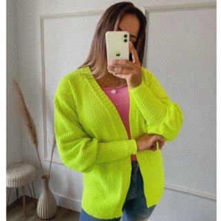 Casaco Tricot Cardigan Manga Bufante Aberto Alongado em Oferta na Shopee