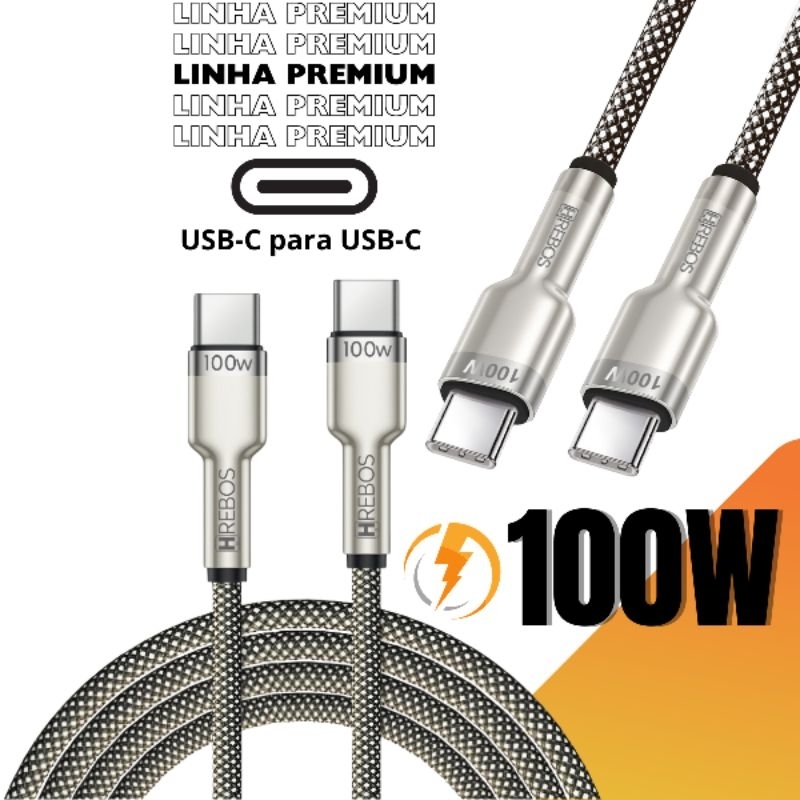 Cabo Tipo C 100W 1 ou 2 Metros 2 Pontas USB-C Turbo Revestido em Nylon Premium