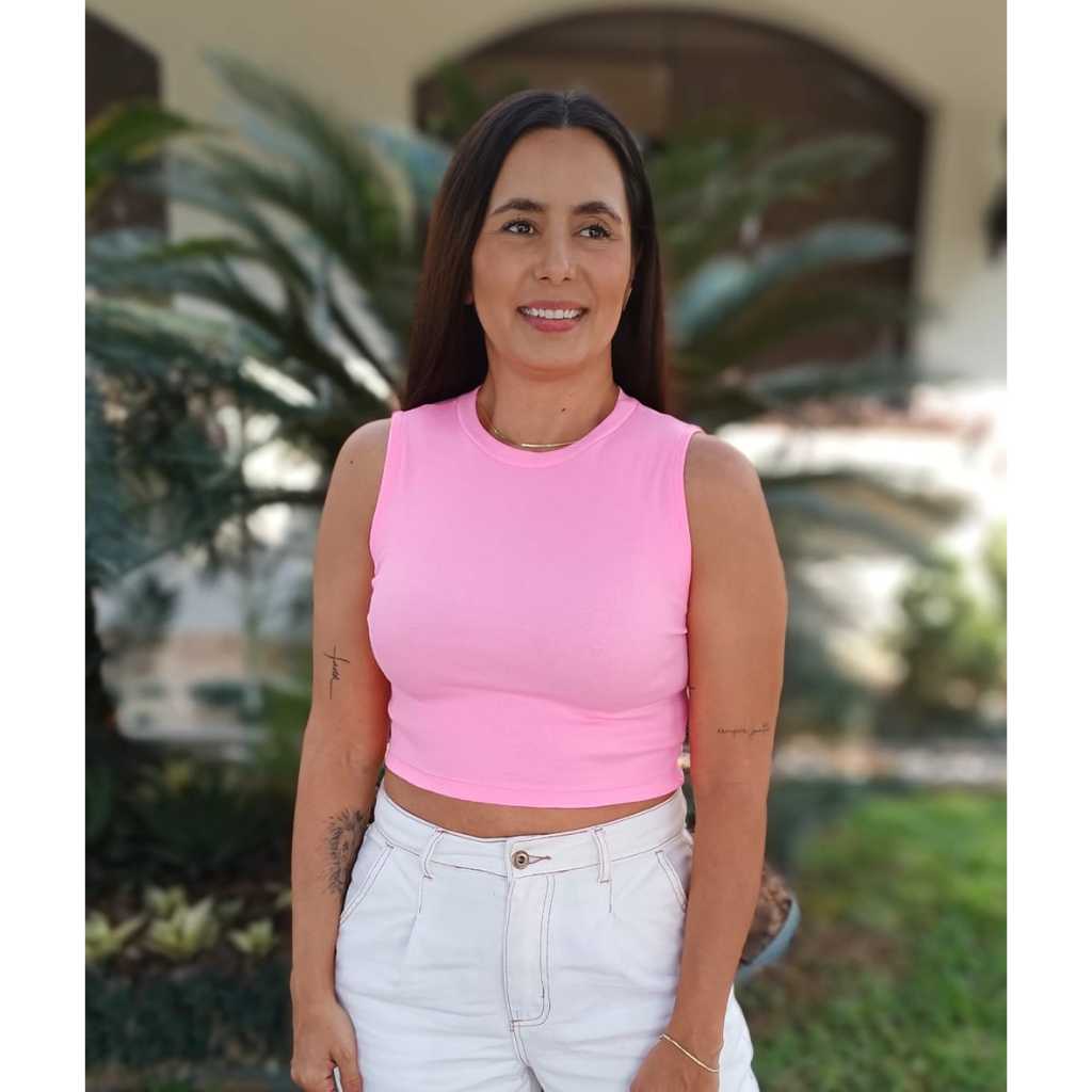 Blusa Cropped Regata Ribana Canelado Feminino Gola Redonda Verao
