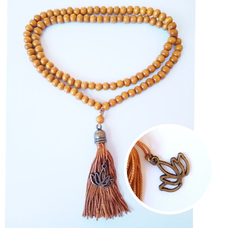 Imagem Japamala 108 Contas Madeira Caramelo Com Pingente Flor de Lótus Rosário Budista Meditação Ref:406