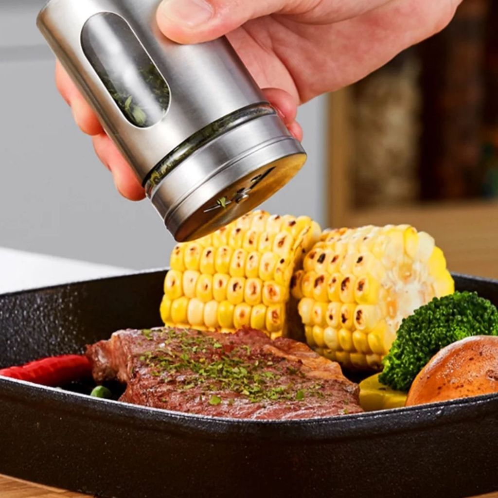 Saleiro Pimenteiro Porta Condimentos Paliteiro Vidro Aço Inox Com Visor Premium Multiuso