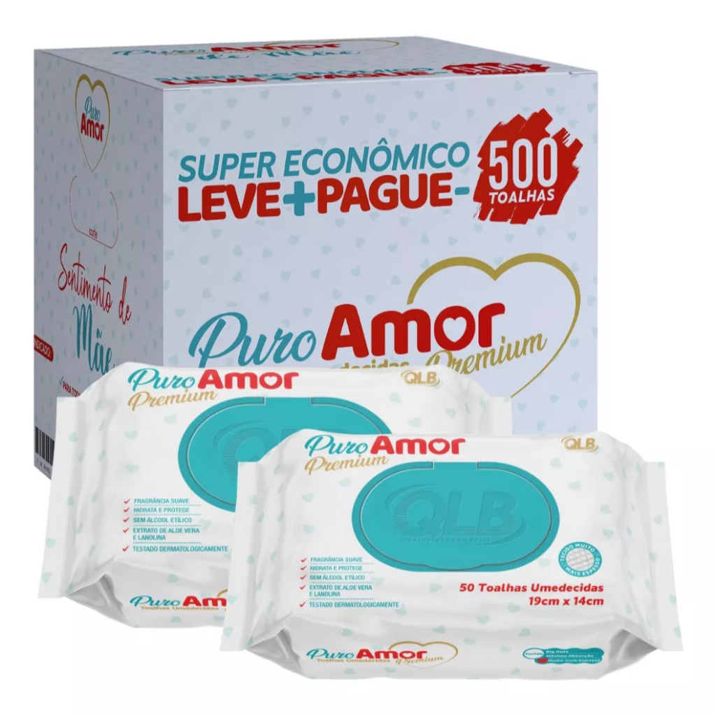 Caixa Lenços Umedecidos Puro Amor Premium - 5 pacotes com 100 Toalhas