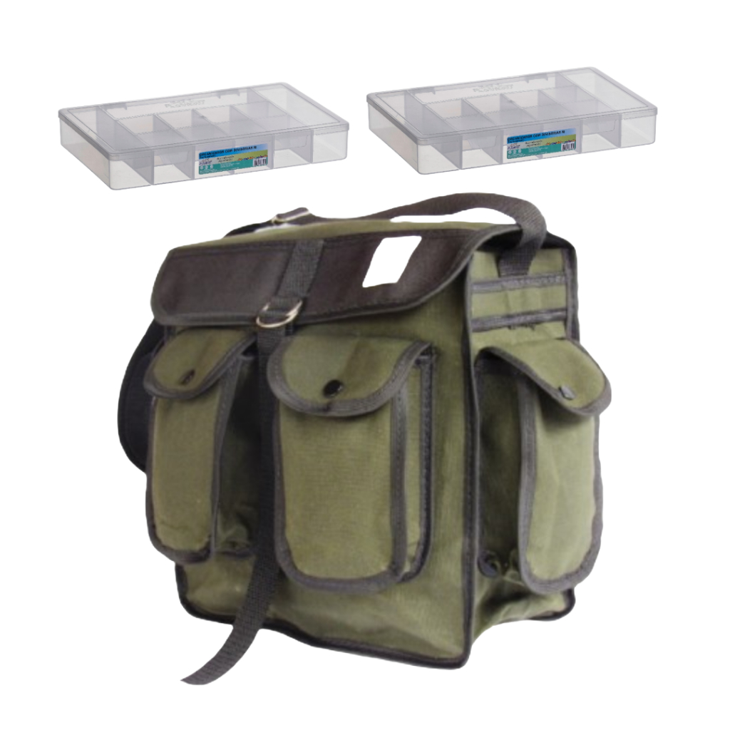 Bolsa de pesca embornal de lona para pescaria 4 bolsos com 2 estojos grandes