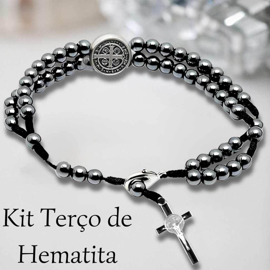 Pulseira Terço de Pulso Hematita com Medalha de São Bento