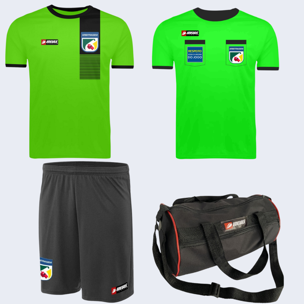 1 Camisa de Arbitro + 1 Camisa Passeio Arbitragem + 1 Short Juiz Futebol + 1 Porta Chuteira