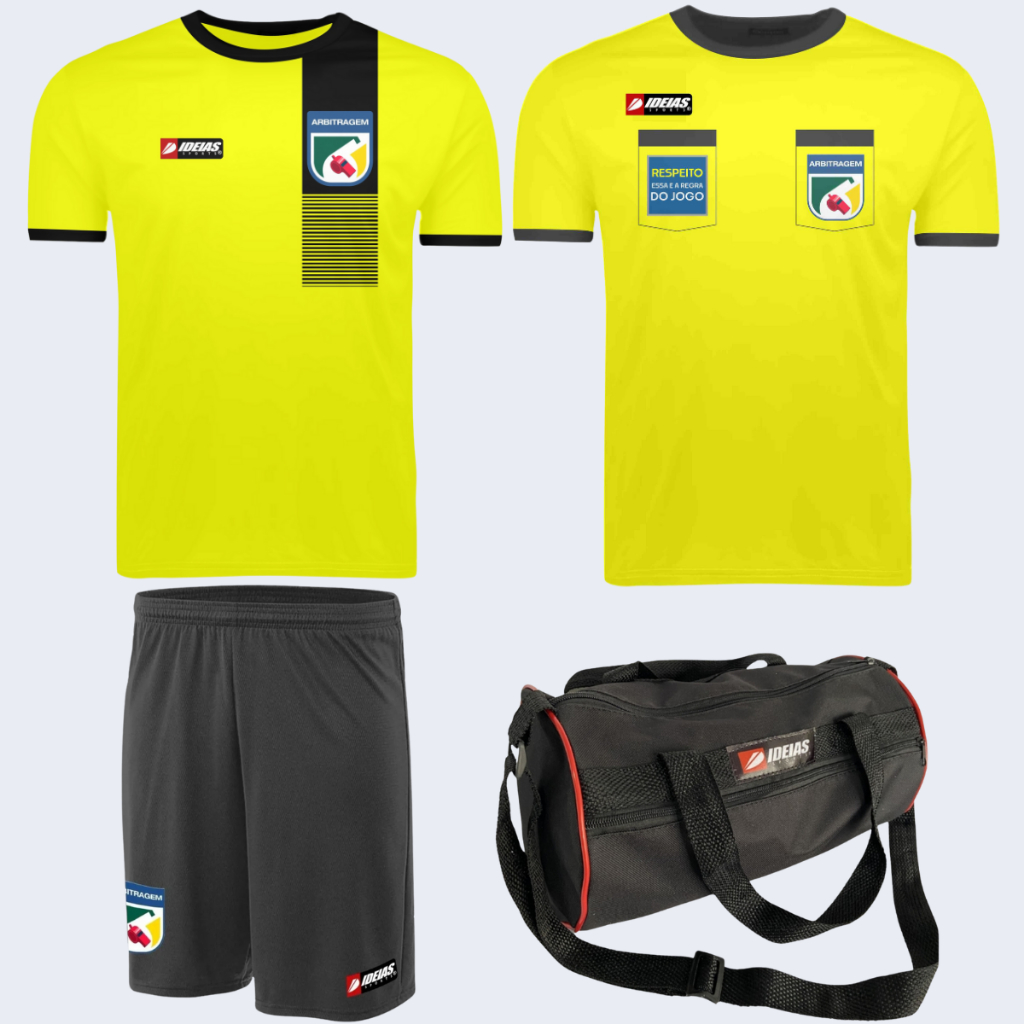 1 Camisa Arbitragem Amarela + 1 Camisa Arbitro Passeio + 1 Short Juiz Futebol + 1 Brinde