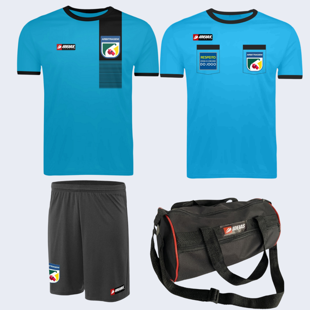 Kit 1 Camisa de Arbitro Azul + 1 Camisa Arbitragem Passeio + 1 Short Juiz Futebol + Brinde