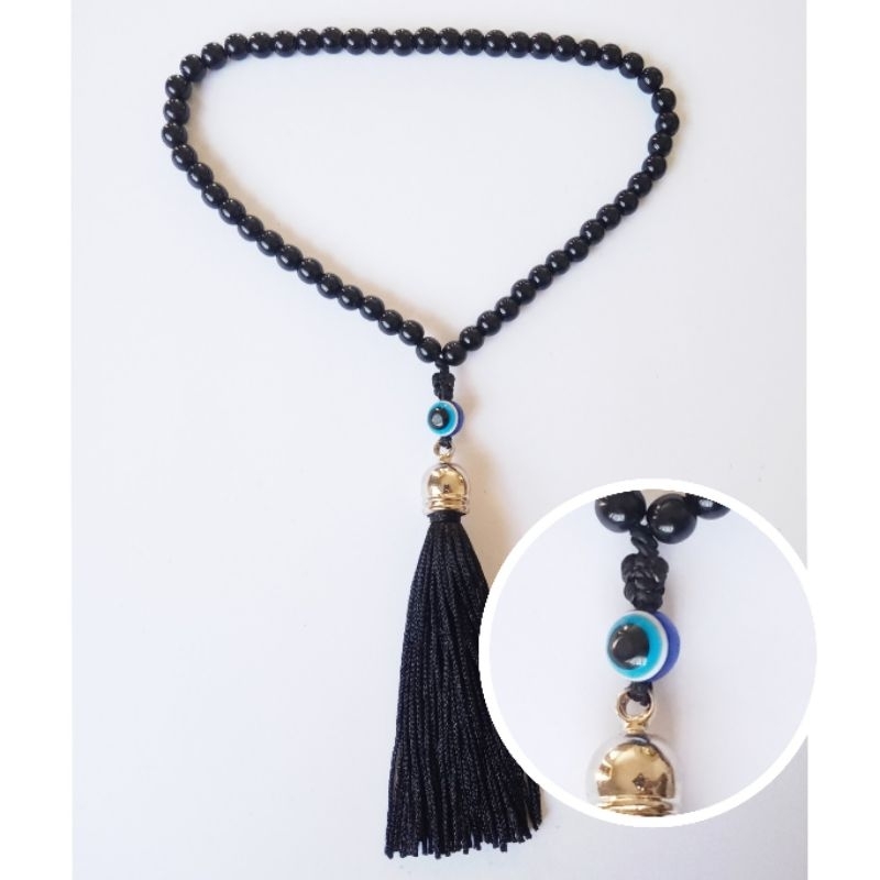 Imagem Japamala 54 Contas Pérola Negra ( Plástico ) 6MM Com Meru Olho Grego Azul 8MM Rosário Budista Ref:411