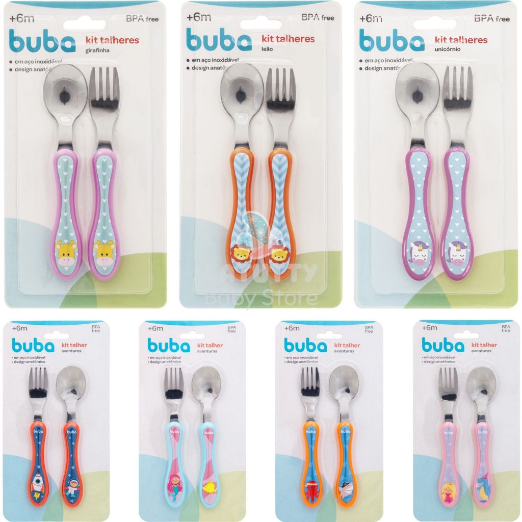 Kit Talheres Infantil Aço Inox Buba Anatômico Garfo Colher para Bebê Talher Alimentação Bebe