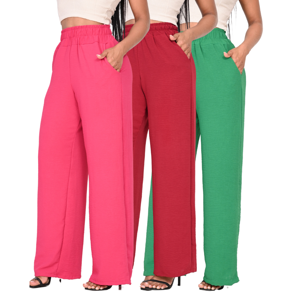 Calça Feminina Pantalona Cintura Alta Tecido Duna com Elástico Bolso