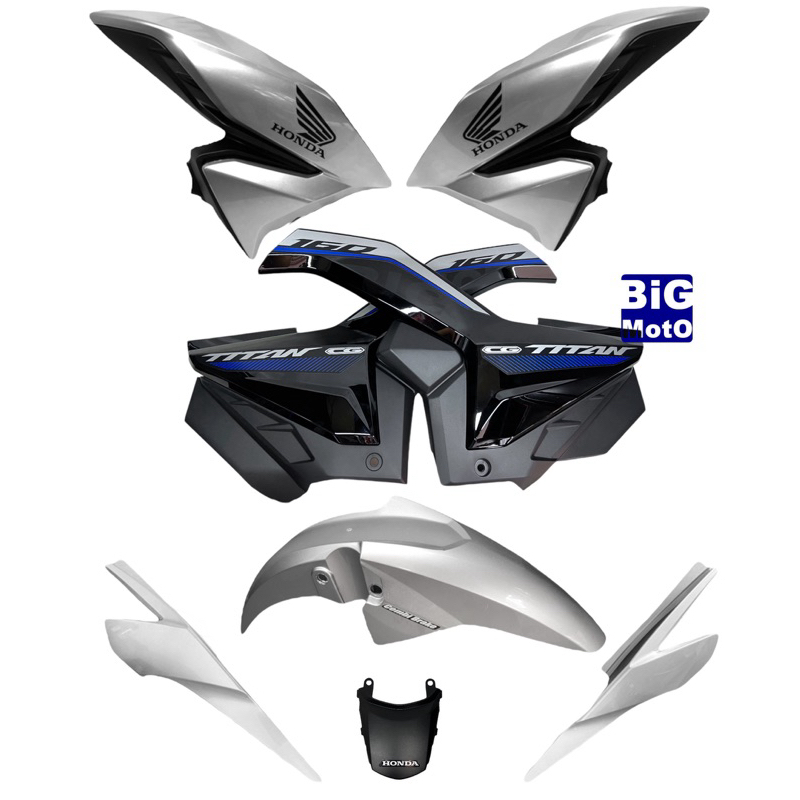 Kit CG Titan160 2022/23 Prata Force-Par Aba do tanque com Complemento+Par Tampa lateral com Complemento+Paralama+Rabeta