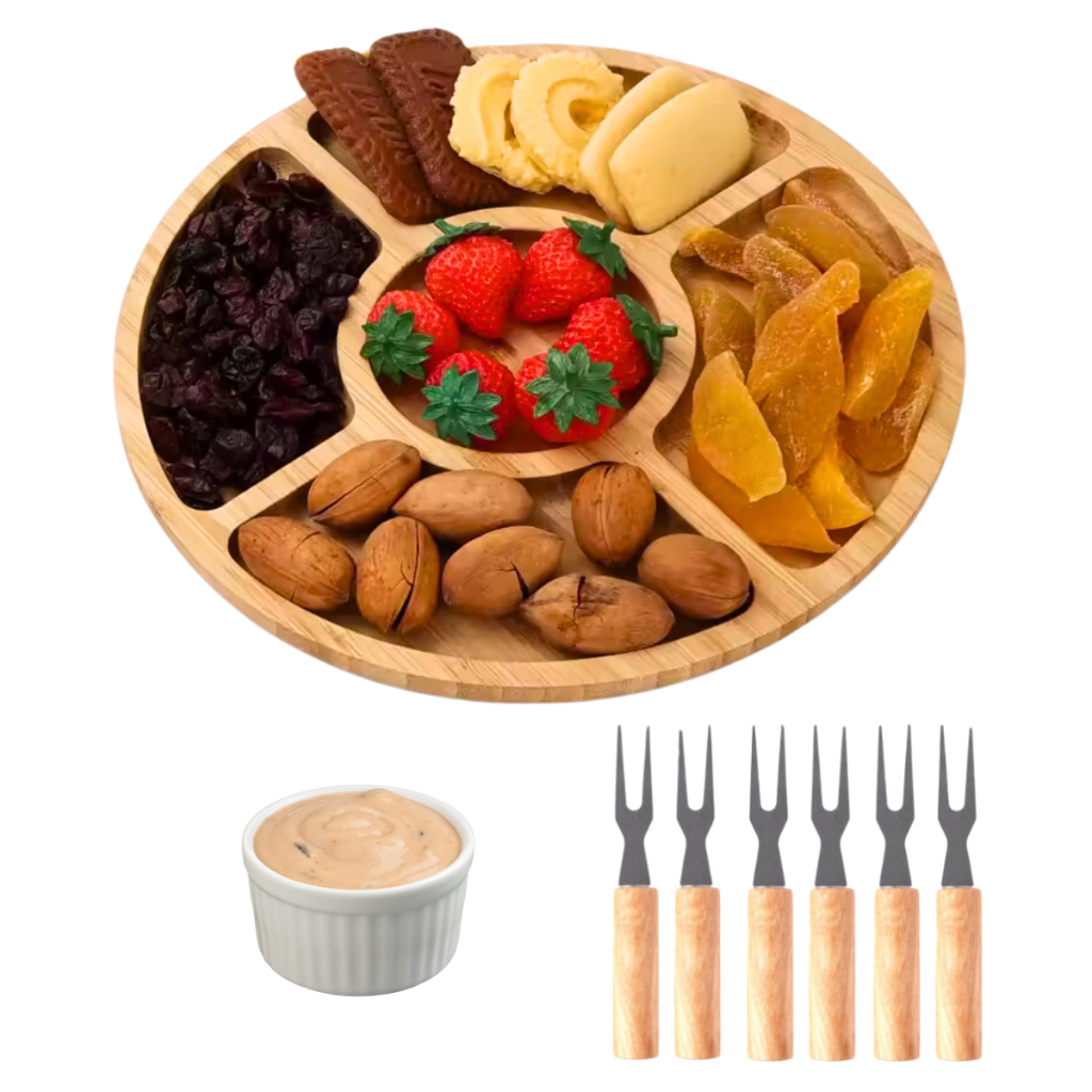Petisqueira Redonda De Bambu Com Kit De Garfos E Ramekin em Oferta na Shopee
