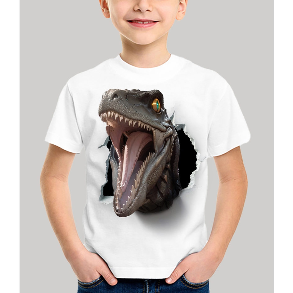 Camiseta Adulto e Infantil Dinossauro Velociraptor Jurassic 3D