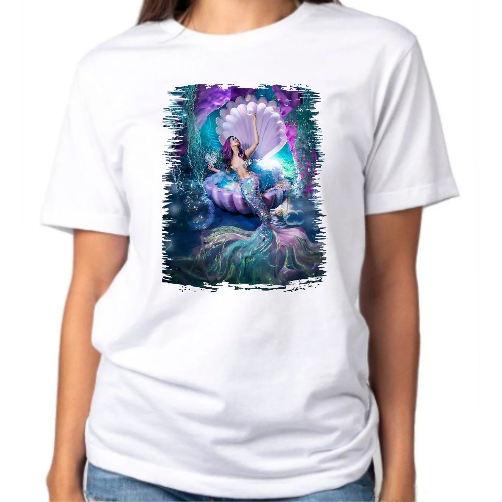 Camiseta Baby Look Raglan Feminina ou Camiseta Raglan Unissex Diversos Sereia Concha 57