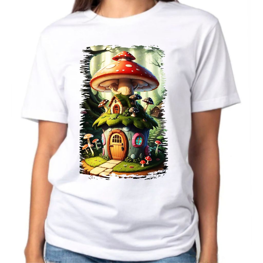 Camiseta Baby Look Raglan Feminina ou Camiseta Raglan Unissex Diversos Cogumelo Casinha De Duende 74