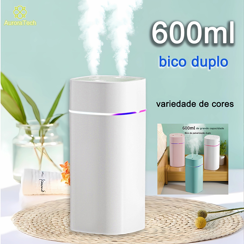 Umidificador De Ar Ultrassônico Bico Duplo 600ml Grande Usb Difusor Aromatizador De Ambiente Led Luz