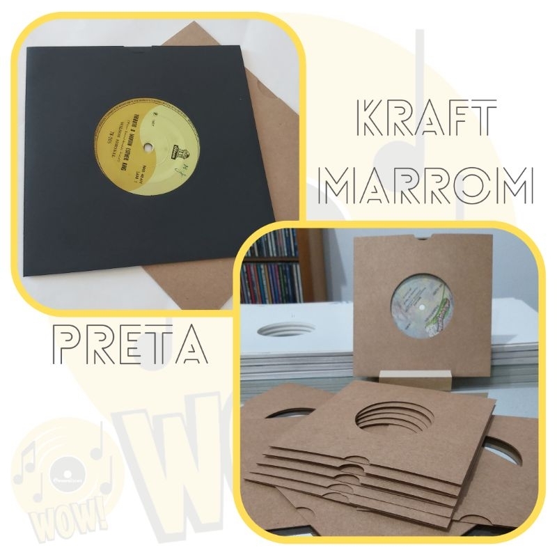 40 Capas p/ Compacto 7" Polegadas Kraft Marrom | Preta - Disco de Vinil