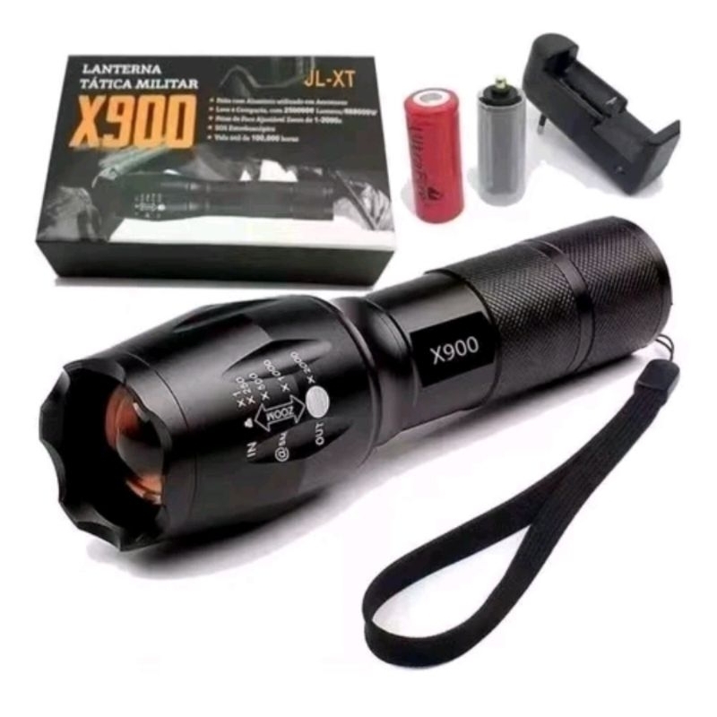 Lanterna Tática militar X900 Profissional com zoom Sinalizador Recarregável Camping