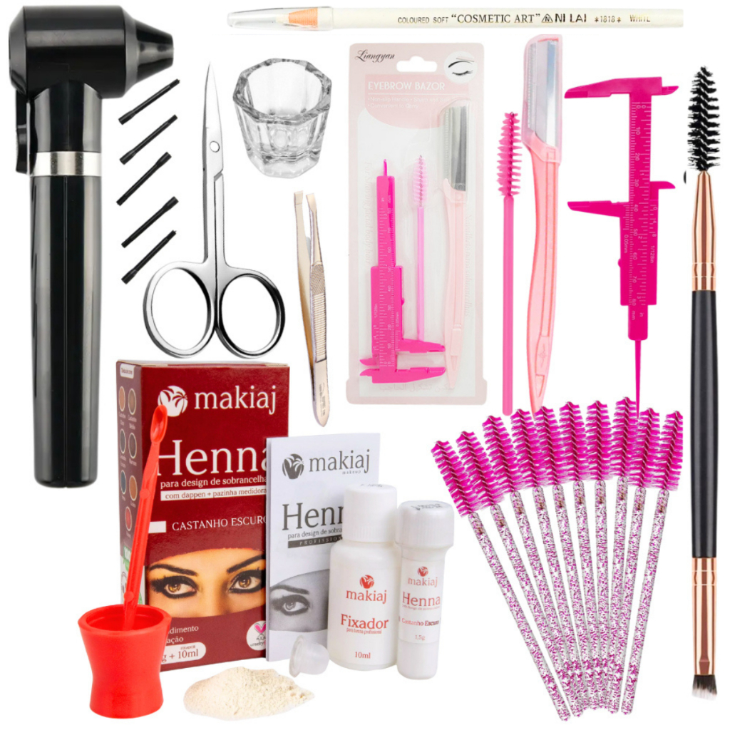 Kit Sobrancelha PROFISSIONAL Henna Makiaj + Mixer + Navalha + Paquímetro + Tesoura + Pincel + Dappen + Lápis + Escovinha