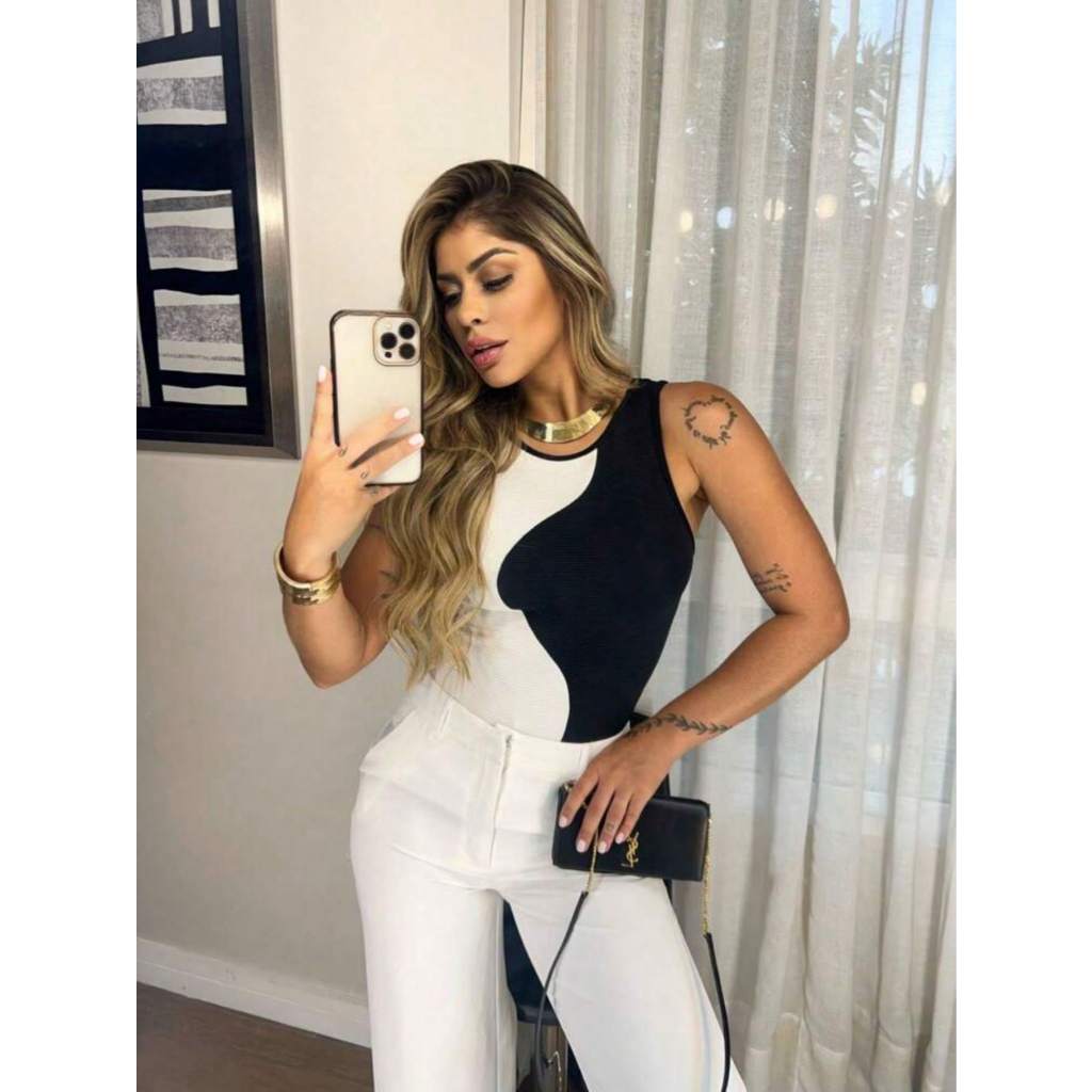 Body Feminino Regata Bicolor Ana Ruga Tendência Moda 2025 em Oferta na Shopee