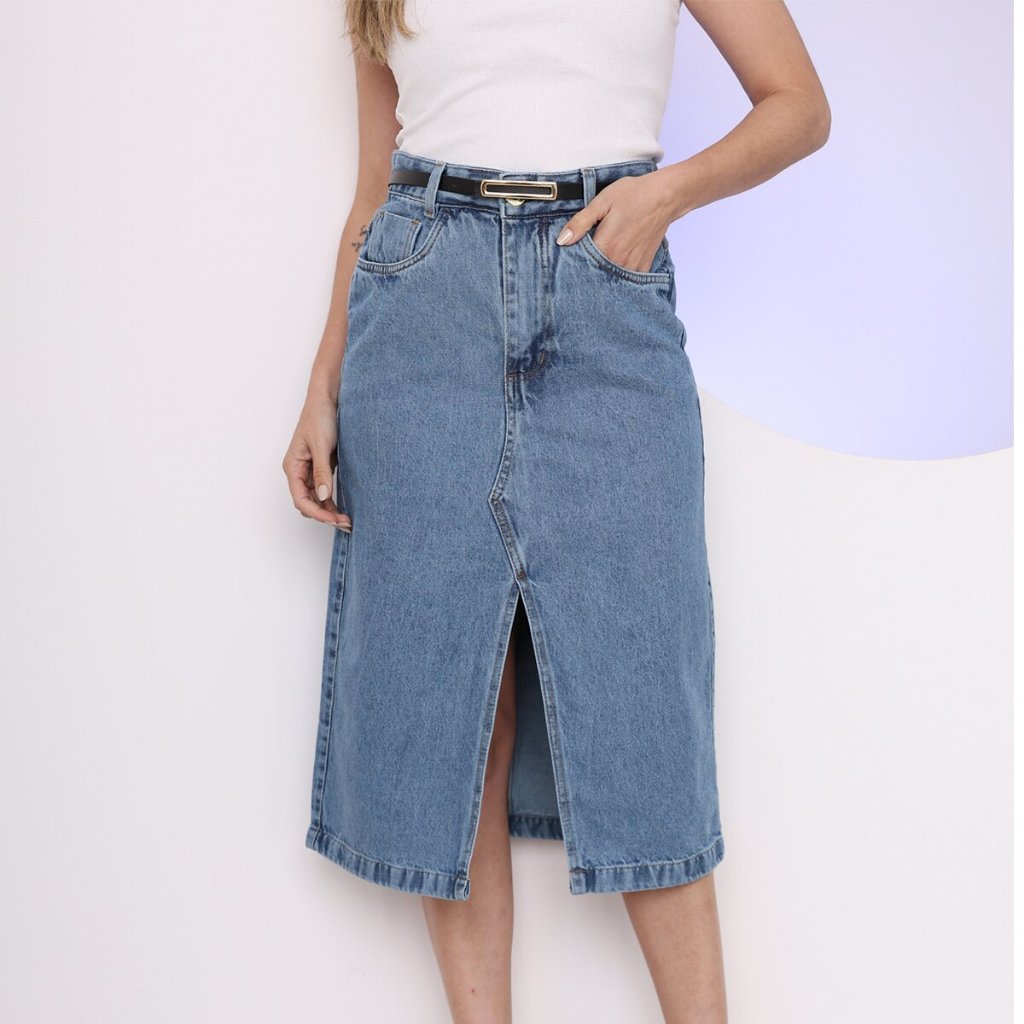 Saia jeans midi com fenda acompanha cinto feminino novo em Oferta na Shopee