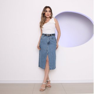 Saia jeans com fenda acompanha cinto feminino novo em Oferta na Shopee