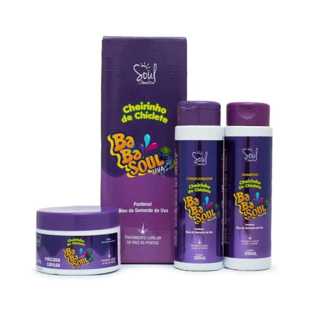 KIT CAPILAR BABASOUL UVA SOUL 3 ITENS SHAMPOO CONDICIONADOR E MASCARA HIDRATAÇÃO CHICLETE