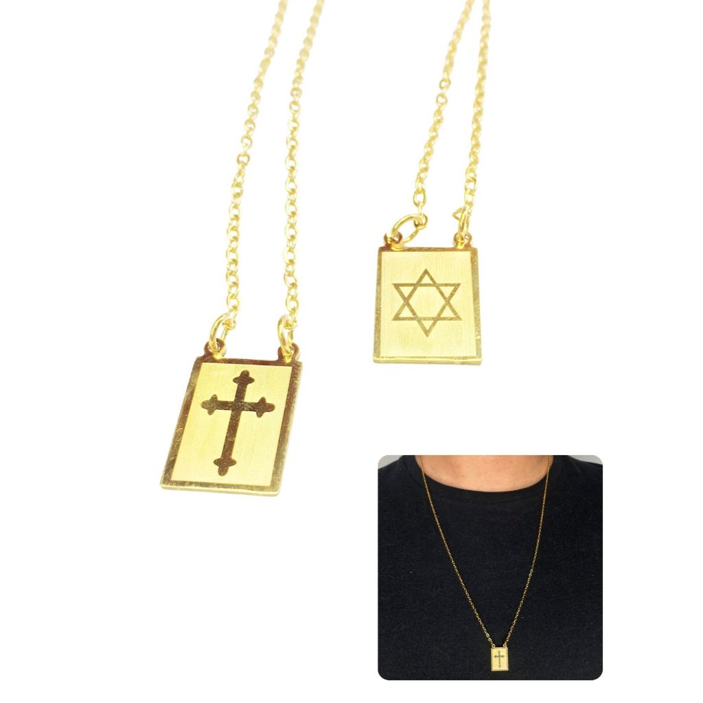 Cordão Colar Escapulário 70cm Masculino Feminino Dourado Estrela De Davi Cruz Aço Inox Antialérgico