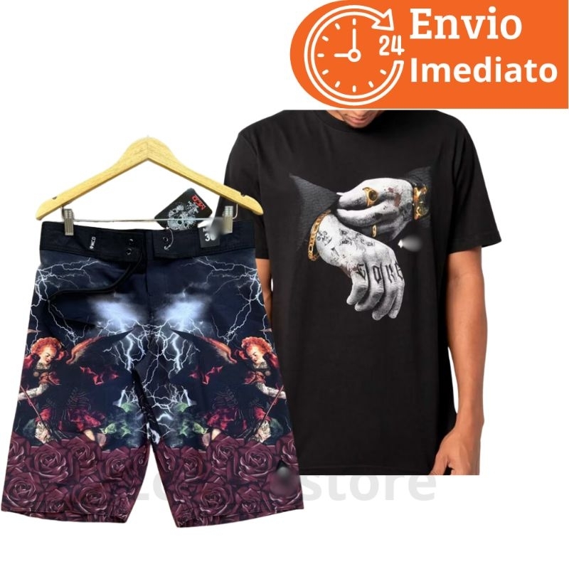 Conjunto bermuda elastano estampada + camisa malha 30.1 estampada 100% algodão kit short tectel surf  camiseta de cria