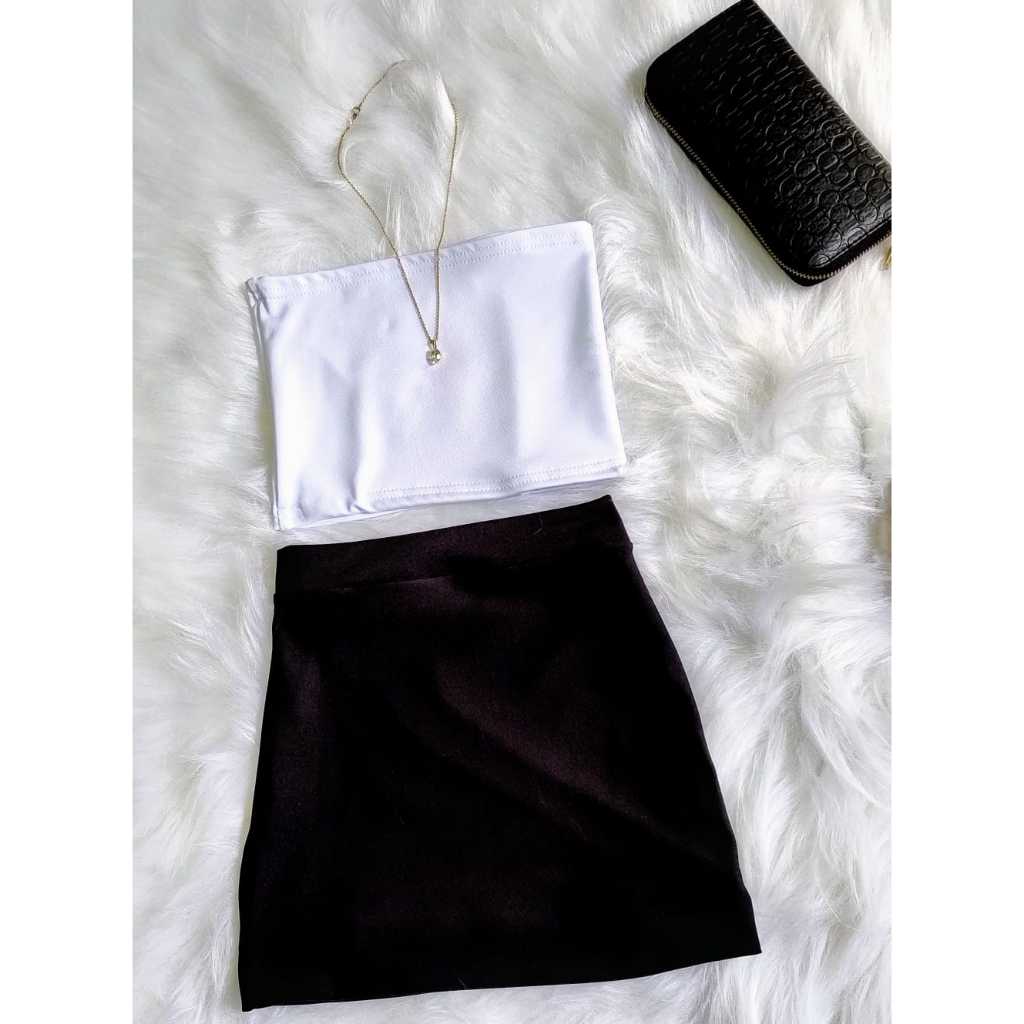 CONJUNTO SAIA TOP CROPPED FEMININO TOMARA QUE CAIA SAIA CURTA SUPLEX CORES em Oferta na Shopee