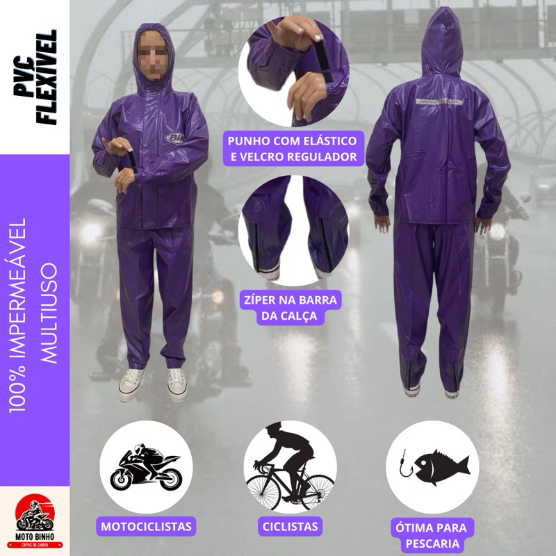 Capa de Chuva com Capuz Lilás para Motociclista Feminina em PVC 100% Impermeável em Oferta na Shopee